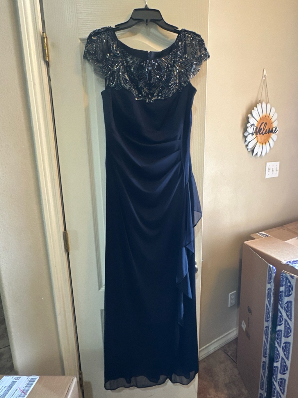 Xscape Navy Beaded Cap Sleeve Gown